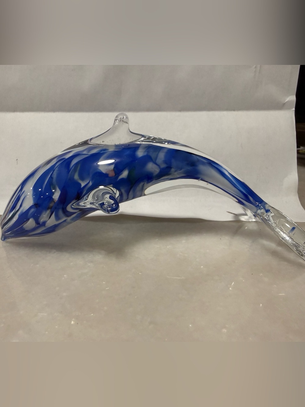 Eye-Catching Hand Blown Blue & White Swirl Glass Dolphin